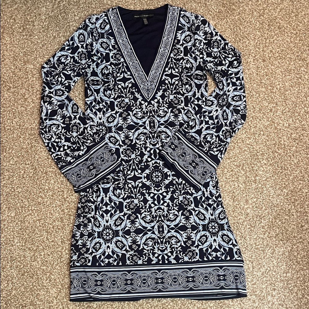 White House Black Market Navy and White V-Neck Ling Sleeve Floral Dress